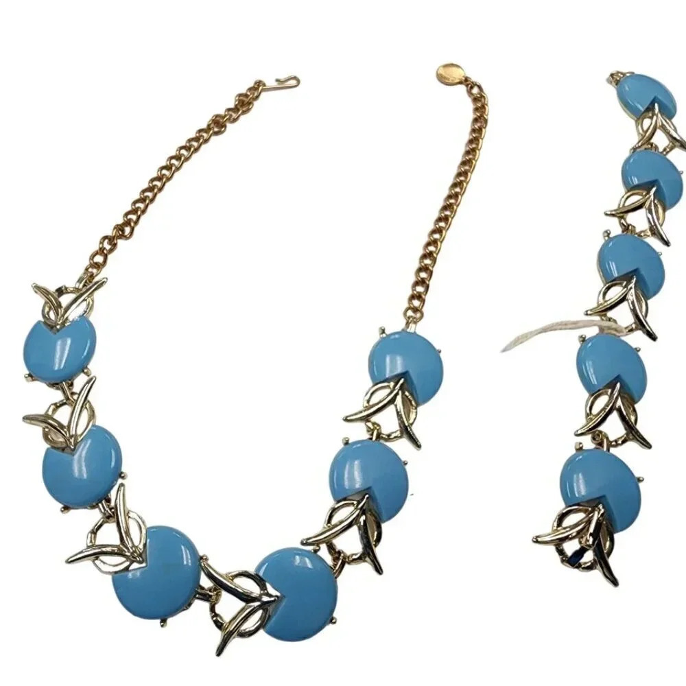 Vintage Blue Lucite Link Choker Necklace and Bracelet Gold Tone